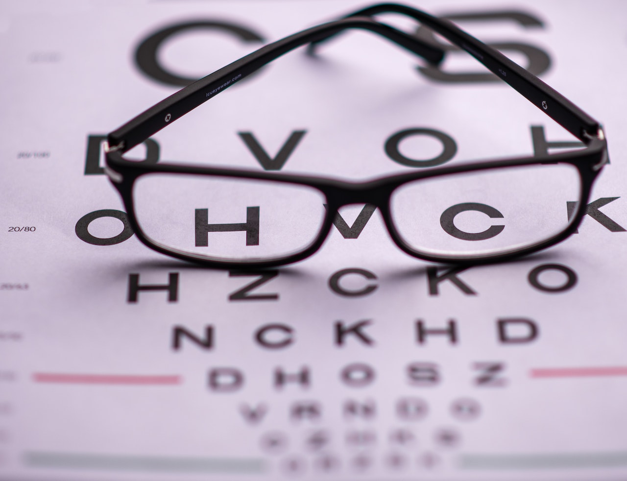 Stylish medical glasses placed on optotype while everything around is blurry, except when you look through the eyeglasses.